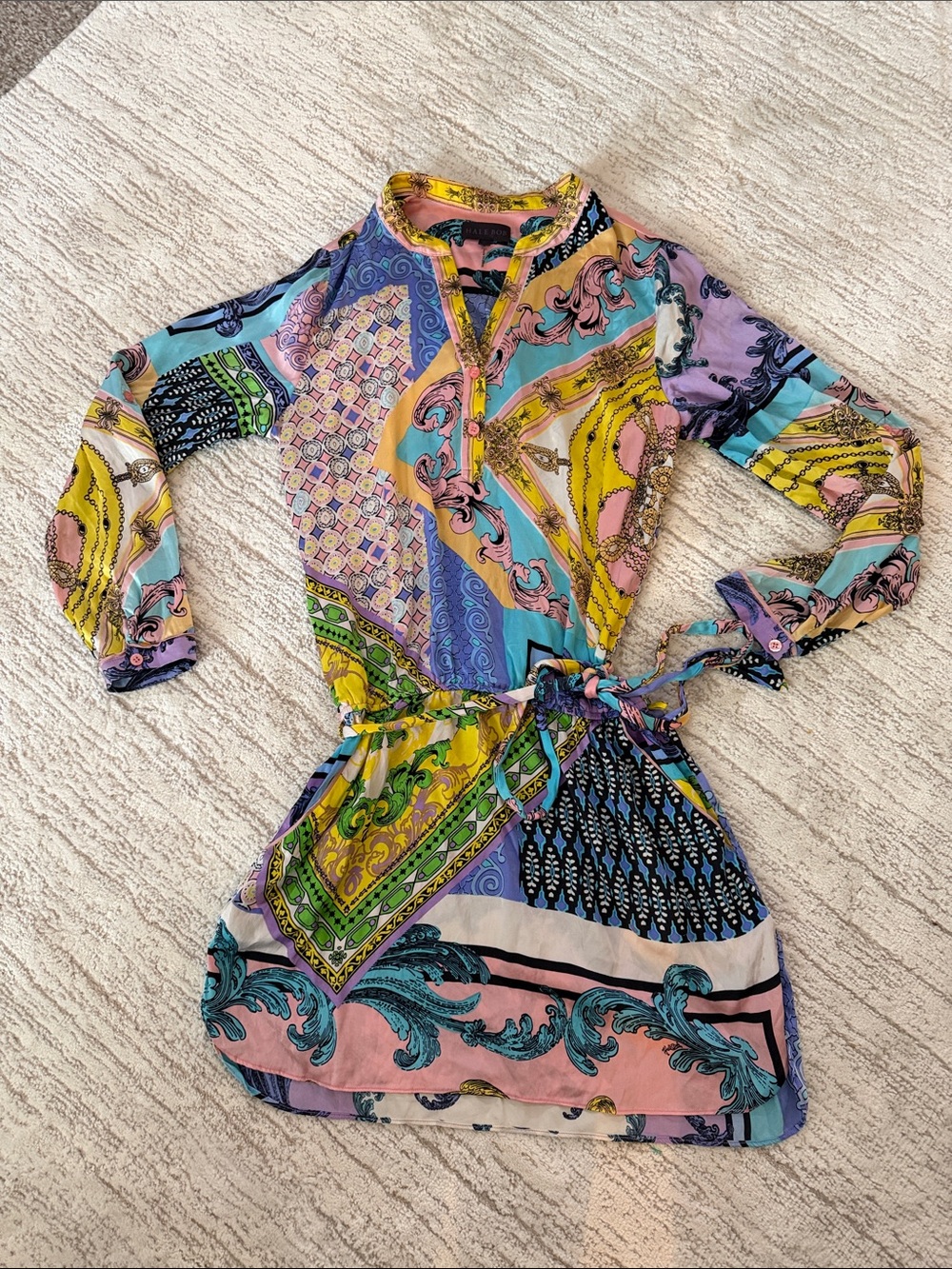 Hale Bob silk blend tie waist shirt dress S